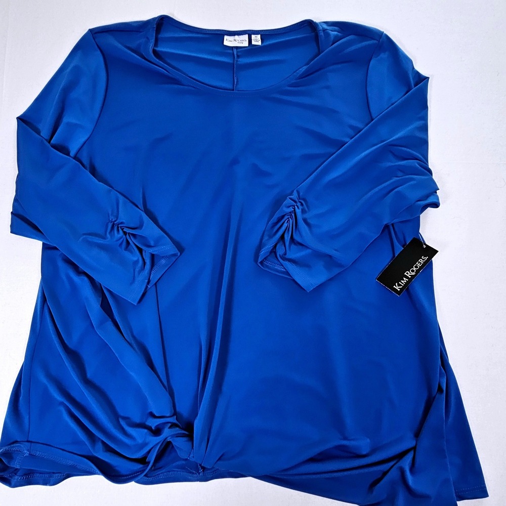 Kim Rogers Curvy Top Ollie Blue Ruched 3/4 Sleeve Side Knot Twist 3X NEW